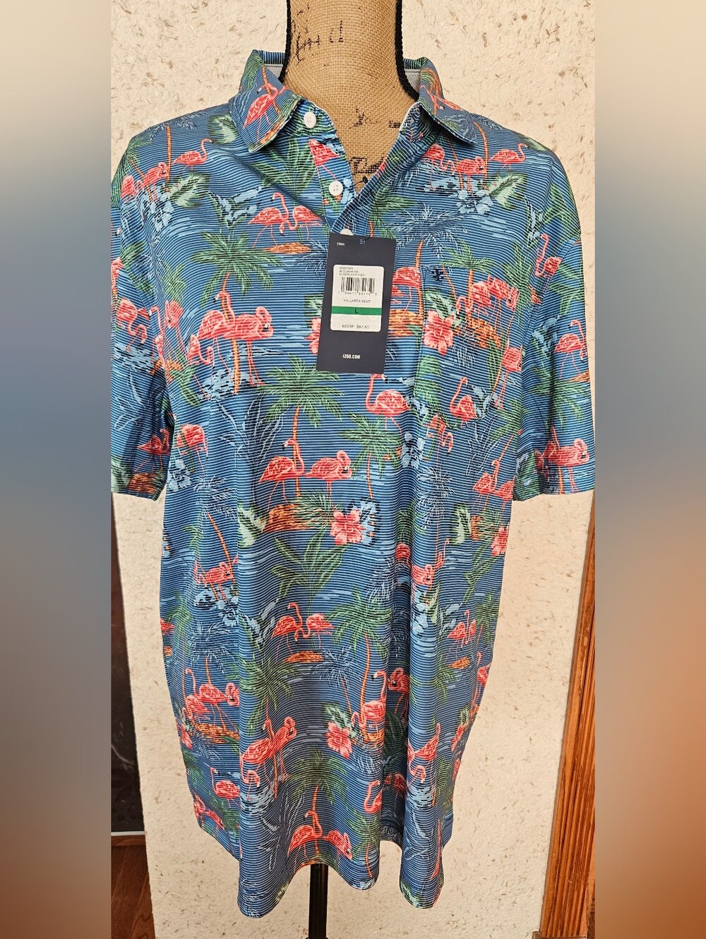 Izod Blue Polo with Pink Flamingo & Green Palm Print. Brand New With Tag